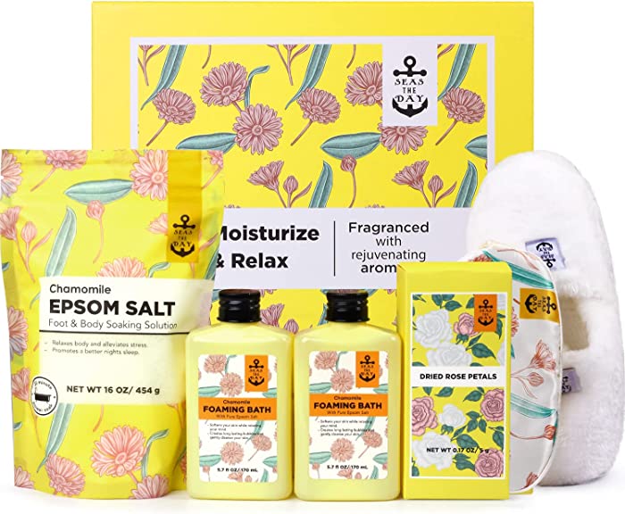 Bath Salts for Women Relaxing, Spa Gift Baskets for Women-6pcs Chamomile Epsom Salt Gifts Spa Gift Set with Slipper, Bubble Bath with Pure Epsom Salt, Bath Sets for Women Gift for Mother's Day