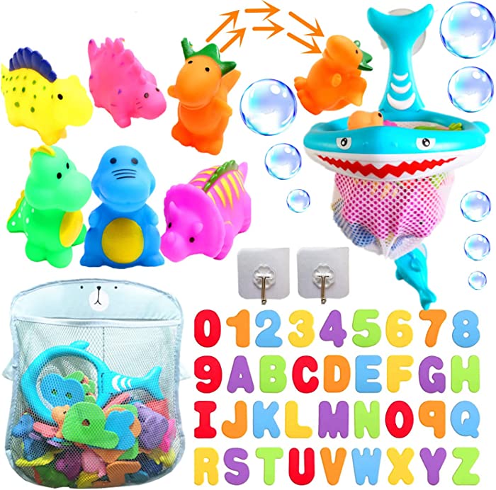 Baby Bath Toys,Bath Toys,Bath Toy Storage,Bath Toys for Toddlers 1-3,Bath Toy Baby Bath Set，Letters & Numbers, Bath Toy Organizer Dinausors Toys , Water Spray Bath Set with Fishing Net(44)