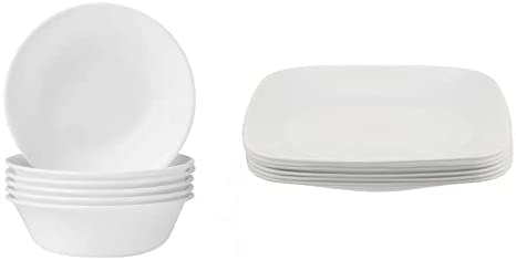 Corelle Soup/Cereal Bowls Set (18-Ounce, 6-Piece, Winter Frost White) & Square Pure White 9-Inch Plate Set (6-Piece)