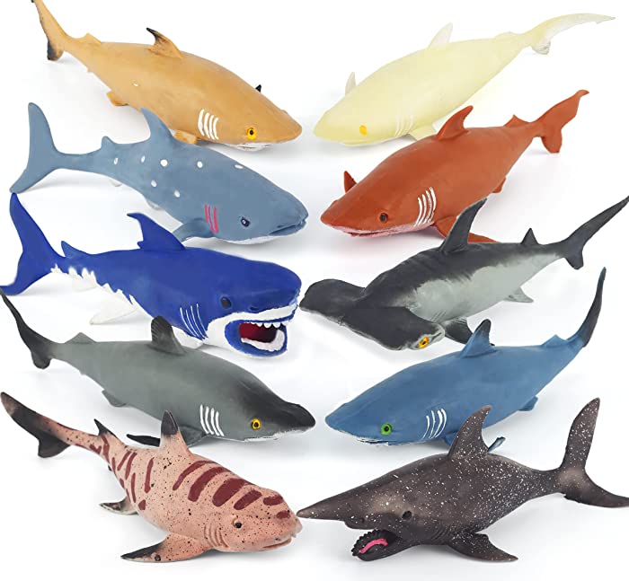 Axbotoy 10 Pack Shark Toys,8" Soft and Stretchy Realistic Shark Toy Set,Toddler Floating Bathtub Toys and Birthday Party Favors for Boys Girls Kids