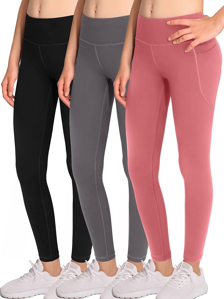 BHRIWRPY 4-Pack Girl Yoga Leggings with 2 Pockets-Kids Active Workout Pants