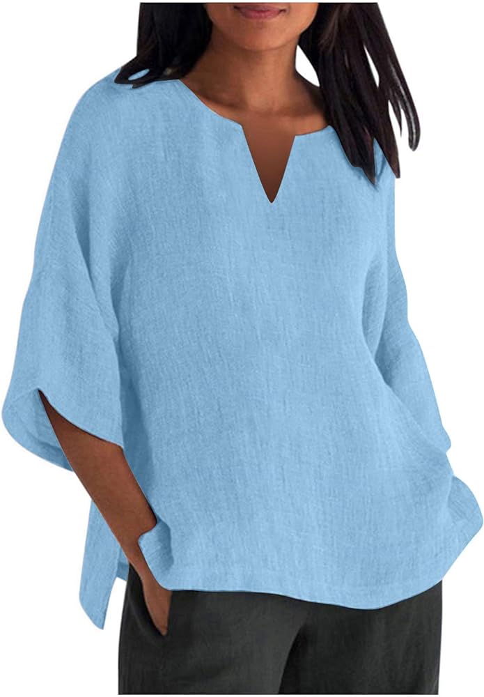 Ceboyel Cotton Linen Tops for Women 3/4 Sleeve V Neck Tunic Blouses Dressy Causal Gauze Shirts Ladies Summer Clothing 2023