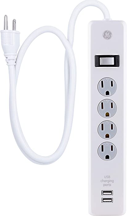 GE 4-Outlet Surge Protector, 2 USB Ports, 3 Ft Power Cord, 450 Joules, Twist to Lock Safety Covers, Automatic Shutdown Technology, Circuit Breaker, Warranty, UL Listed, White, 14090