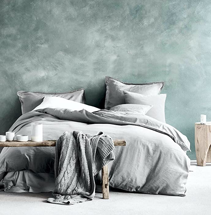 Eikei Washed Cotton Chambray Duvet Cover Solid Color Casual Modern Style Bedding Set Relaxed Soft Feel Natural Wrinkled Look (Queen, Ice Grey)