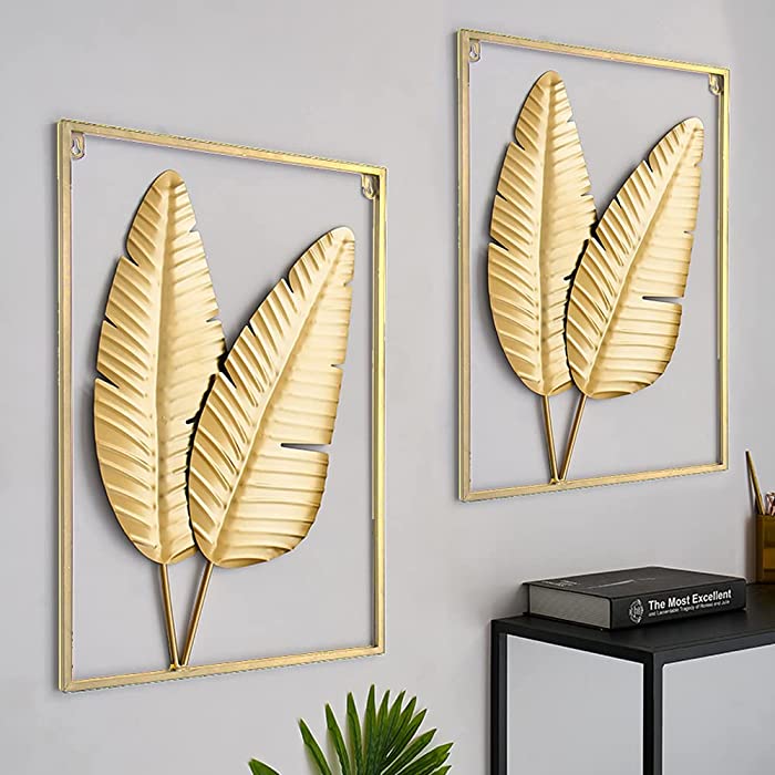 Gold Wall Art Decor Accents Set of 2, 24" X 16" Leaf Wall Hanging Home Decor with Frame, Metal Wall Art home Decor Accents for Living Room, Bedroom, Office, Hotel, Large (Begonia)