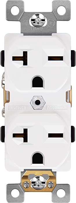 ENERLITES Duplex Receptacle, 20 Amp Electrical Wall Outlet, Industrial Grade, 2-Pole, 3-Wire, 20A 250V, UL Listed, 62081-W, White