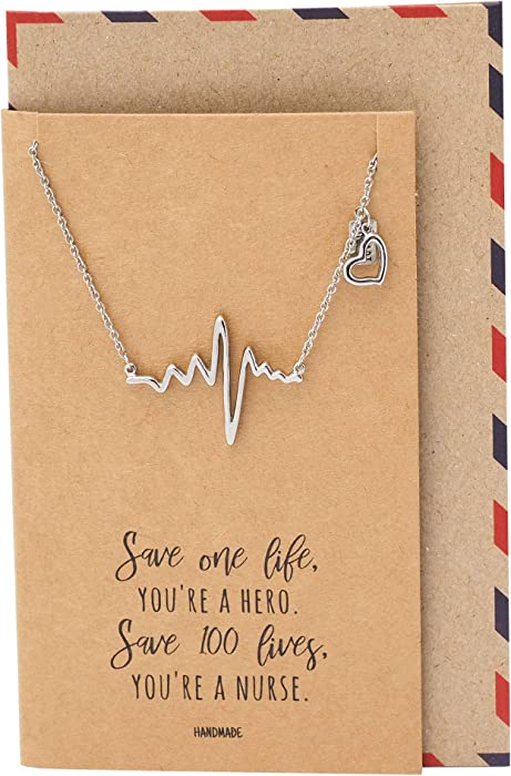 Quan Jewelry Heartbeat Pendant Cardiogram Necklace Gifts for Women, EKG Lifeline Pulse Charm Nurse Appreciation Gift with Greeting Card