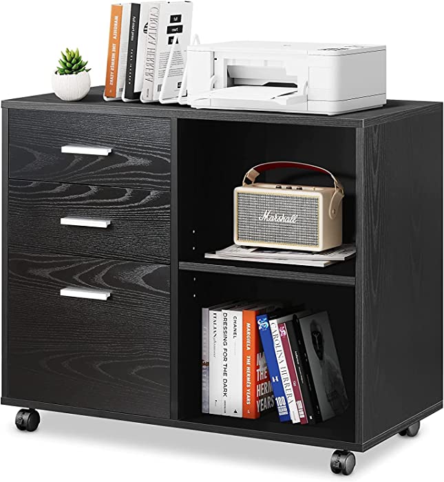 DEVAISE 3-Drawer Wood File Cabinet, Mobile Lateral Filing Cabinet, Printer Stand with Open Storage Shelves for Home Office, Black