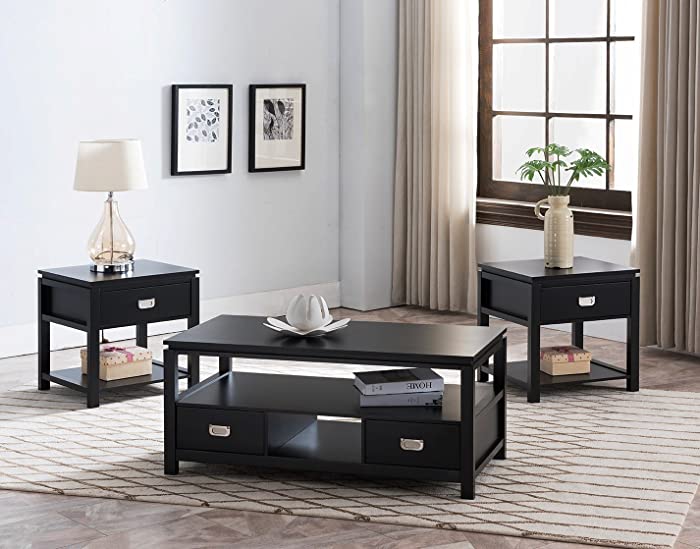 Kings Brand Furniture 3 Piece Black Finish Wood Storage Occasional Table Set, Coffee Table & 2 End Tables