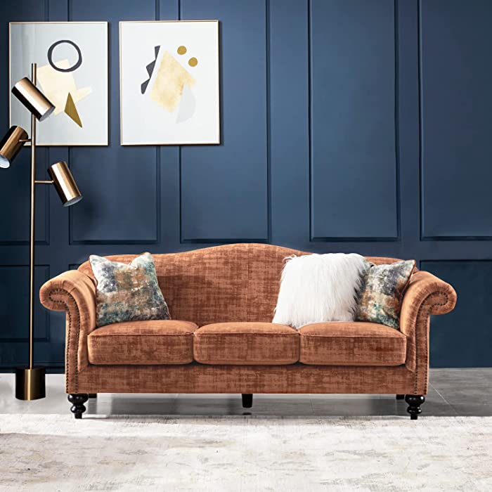 Acanva Luxury Mid-Century Camelback Velvet Living Room Sofa, 89"W Couch, Tangerine