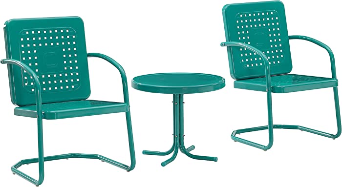 Crosley Furniture KO10019TU Bates 3-Piece Retro Metal Outdoor Seating Set with Side Table and 2 Chairs, Turquoise Gloss