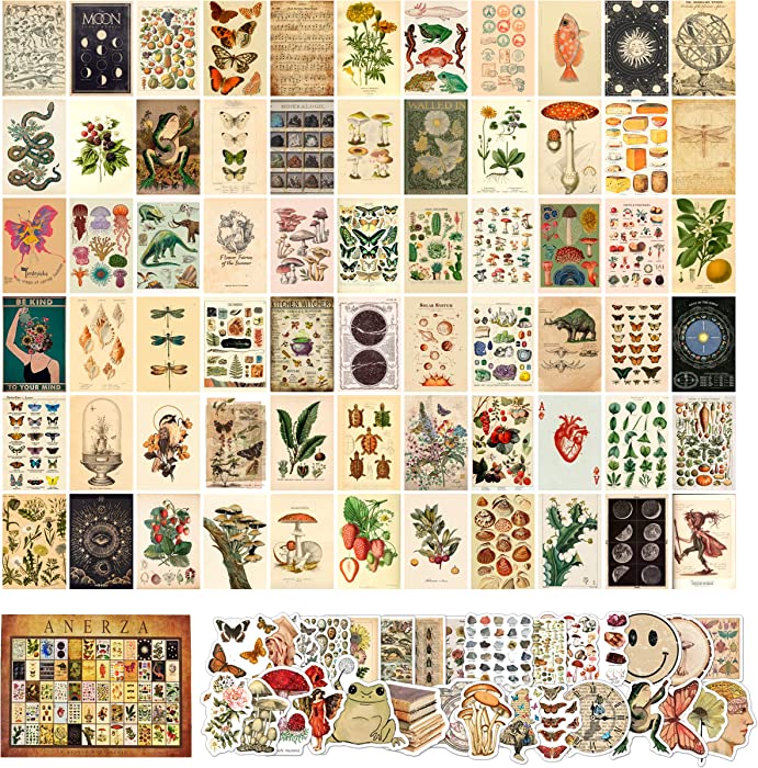 ANERZA 100 PCS Vintage Wall Collage Kit Aesthetic Pictures, Cottagecore Room Decor for Bedroom Aesthetic, Posters for Room Aesthetic, Cute Dorm Photo Wall Decor for Teen Girls, Botanical Wall Art