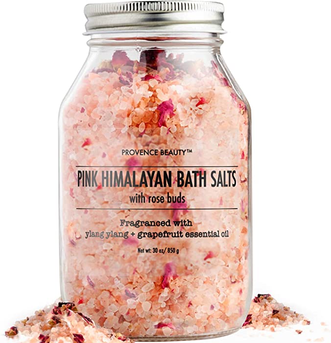 Pink Himalayan Bath Salt with Rose Petals - 100% Natural Aromatherapy and Relaxation - Ylang Ylang, Grapefruit Essential Oil Bath Salts for Women Relaxing - Cleanse, Revitalize and Soothes Skin