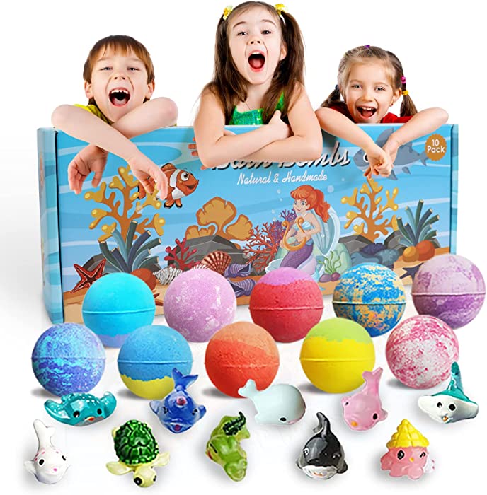 Bath Bombs for Kids with Surprise Inside - 10 Pack Bubble Bath Bombs Gift Set with Marine Toys Inside,Toddler Natural Bath Bomb,Ideal Holiday Gift for Women, Girls,Kids