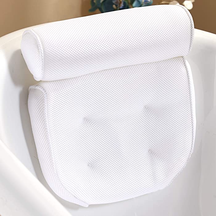 Spa Mesh Bath Pillow with Suction Cups and Quick Drying Design - White