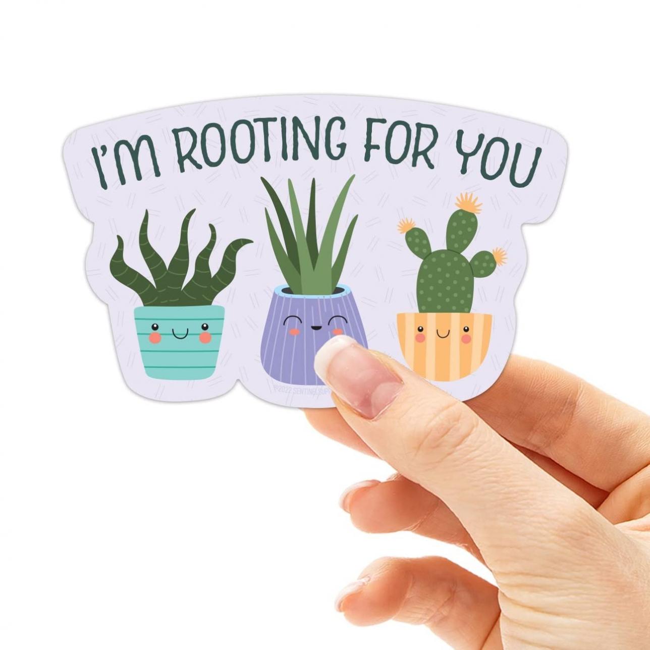 Rooting for You Cactus Sticker, Cute Plant Stickers for Hydroflask Water Bottle, Funny Succulent Vinyl Decals, House Plant Mom Laptop Decal
