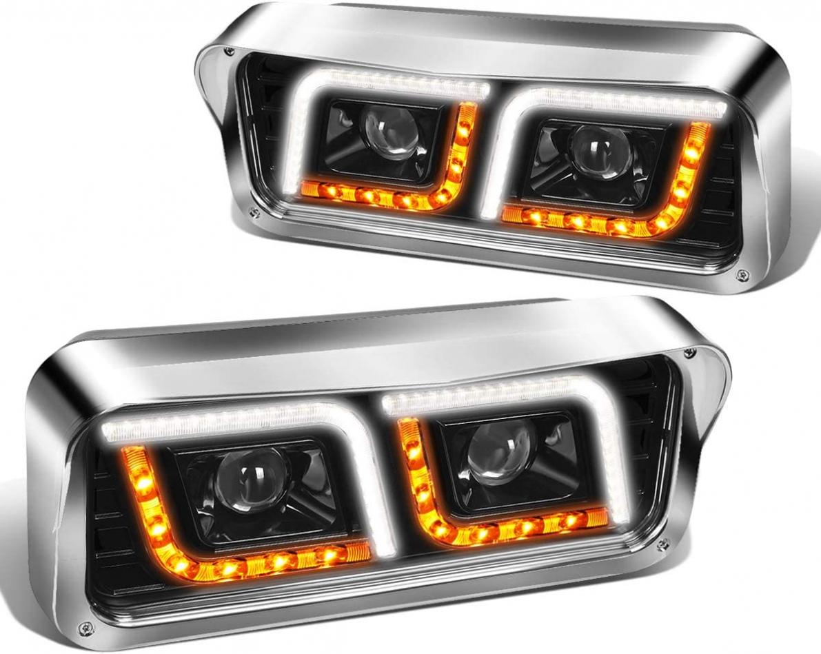 Pair Black LED DRL Turn Signal Dual Projector Headlight Lamps Compatible with Peterbilt 365 Western Star Kenworth 81-91