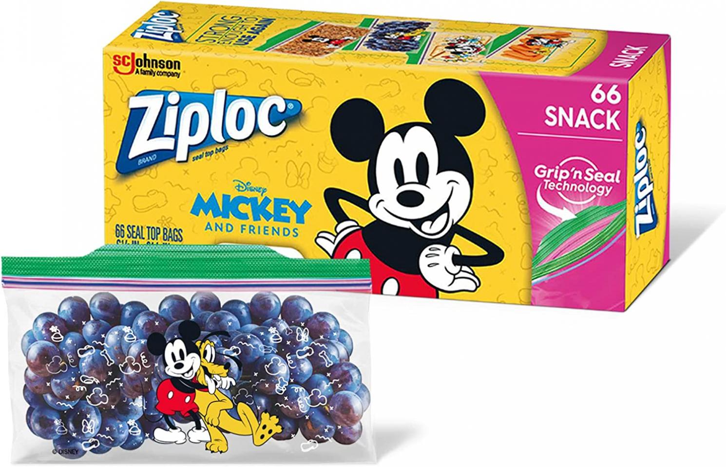 Ziploc Snack Bags for On the Go Freshness, Grip 'n Seal Technology for Easier Grip, Open, and Close, 66 Count, Mickey and Friends Designs