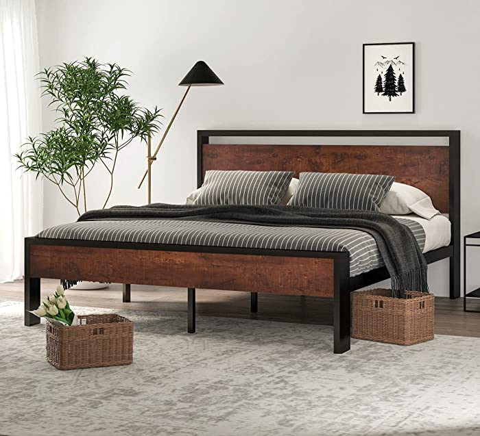 SHA CERLIN 14 Inch King Size Metal Platform Bed Frame with Wooden Headboard and Footboard, Mattress Foundation, No Box Spring Needed, Under Bed Storage, Non-Slip Without Noise, Industrial Mahogany
