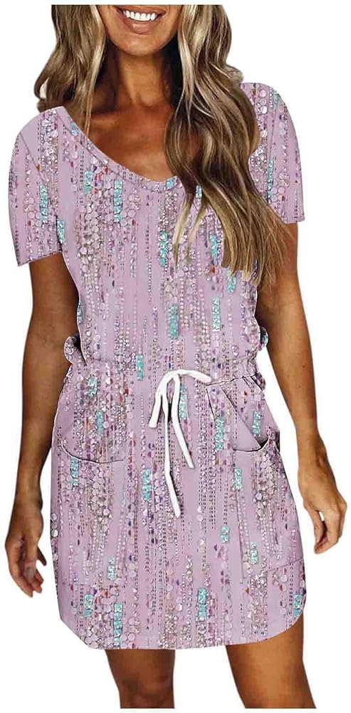 Womens Summer fit and Flare Dress Boho Short Sleeve Belt Mini Dresses with Pockets 2024 Beach Resort wear Clothes
