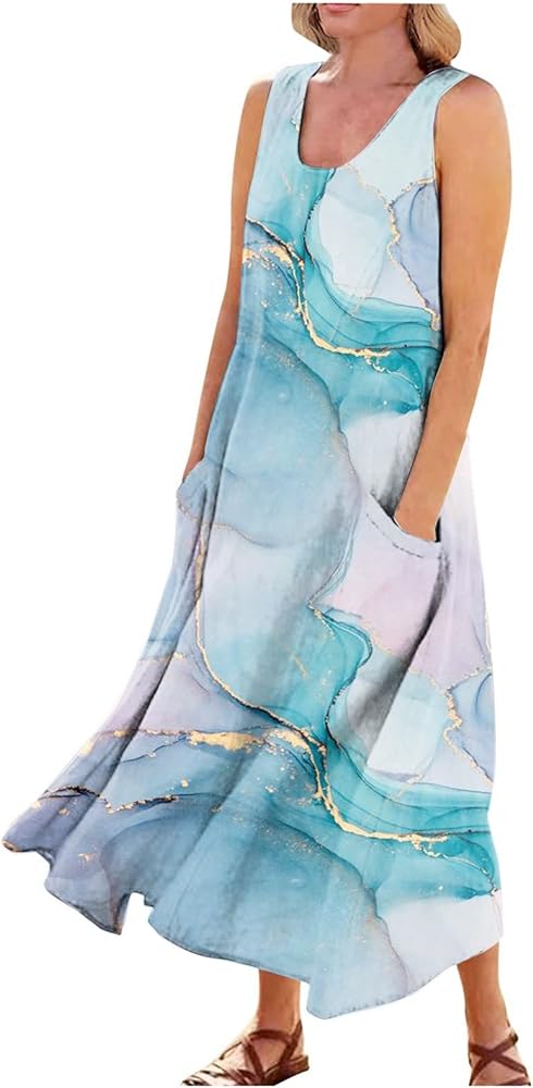 Summer Dresses for Women 2024 Boho Home Oversized Tunic Pockets Dress Ladies Daily Sleeveless Soft Loose Print Sundress
