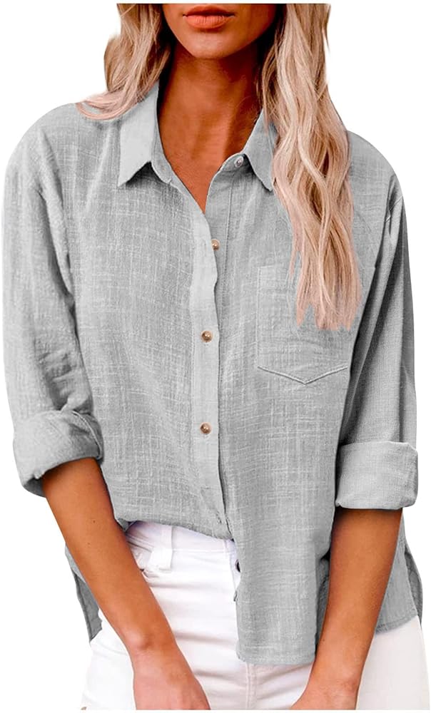 Long Sleeve Button Down Shirts for Women Business Casual Collared Linen Work Office Tops Plus Size Fall Clothes 2023