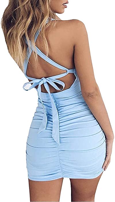 Feeke Women's Sexy Jumpsuit Hollow Out Spaghetti Backless Sleeveless Cutout Club Ruched Bodycon Mini Dress 8121