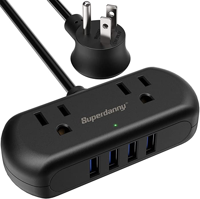 Power Strip with USB, SUPERDANNY Mini Desktop Charging Station with 2 Wide-Spaced Outlets & 4 USB Ports, 5ft Portable Flat Plug Extension Cord for Travel, Dorm, Room, Home Office Essentials, Black