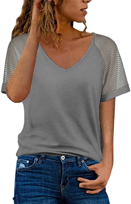 Womens Tops Stripe Mesh Sheer Short Sleeve Summer T-Shirt V Neck Dressy Casual Solid Tee Shirts Loose Fit Tunic Blouse