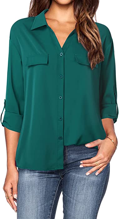 Lotusmile Women's Dressy Lapel Button Down Shirts for Work Office Business Casual Chiffon Blouse Tops