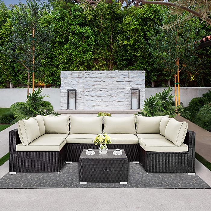Lausaint Home 7-Pieces Patio Furniture Sets Rattan Wicker Outdoor Sectional Furniture Set Conversation Sofa Set with Table & Thick Cushion