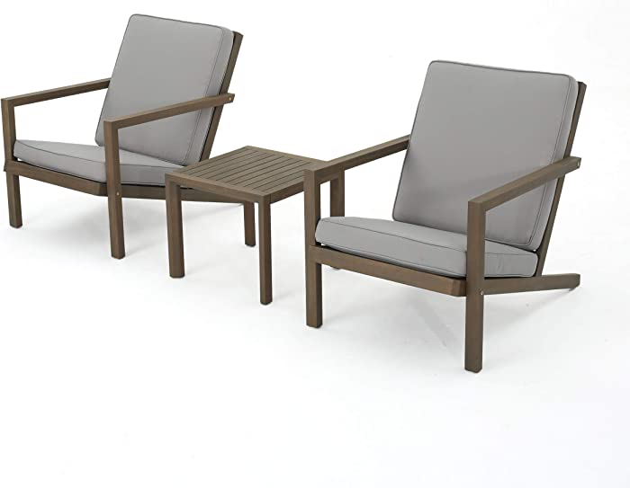 Christopher Knight Home Leah Outdoor Acacia Wood Chat Set with Water Resistant Cushions, 3-Pcs Set, Grey Finish / Grey