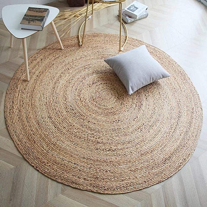 Fernish Decor Handwoven Jute 8 ft. Round Area Rug- Natural Yarn- Rustic Vintage Beige Braided Reversible Rugs for Bedroom, Kitchen, Living Room, Farmhouse
