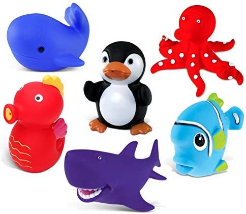 Puzzled Sea Horse, Blue Whale, Penguin, Red Octopus, Purple Shark and Blue Fish Rubber Squirter Bath Buddy Bath Toy - Ocean Sea Life Theme - 3 INCH - Item #K2734-2748-2762-2780-2781-2783