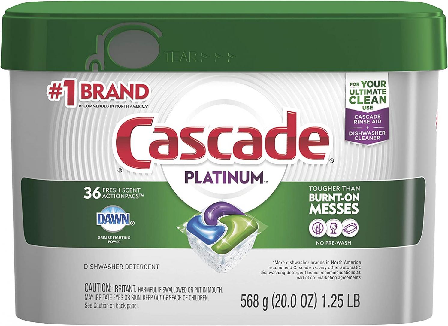 Cascade Platinum Dishwasher Pods, ActionPacs Dishwasher Detergent with Dishwasher Cleaner Action, Fresh Scent, 36 count