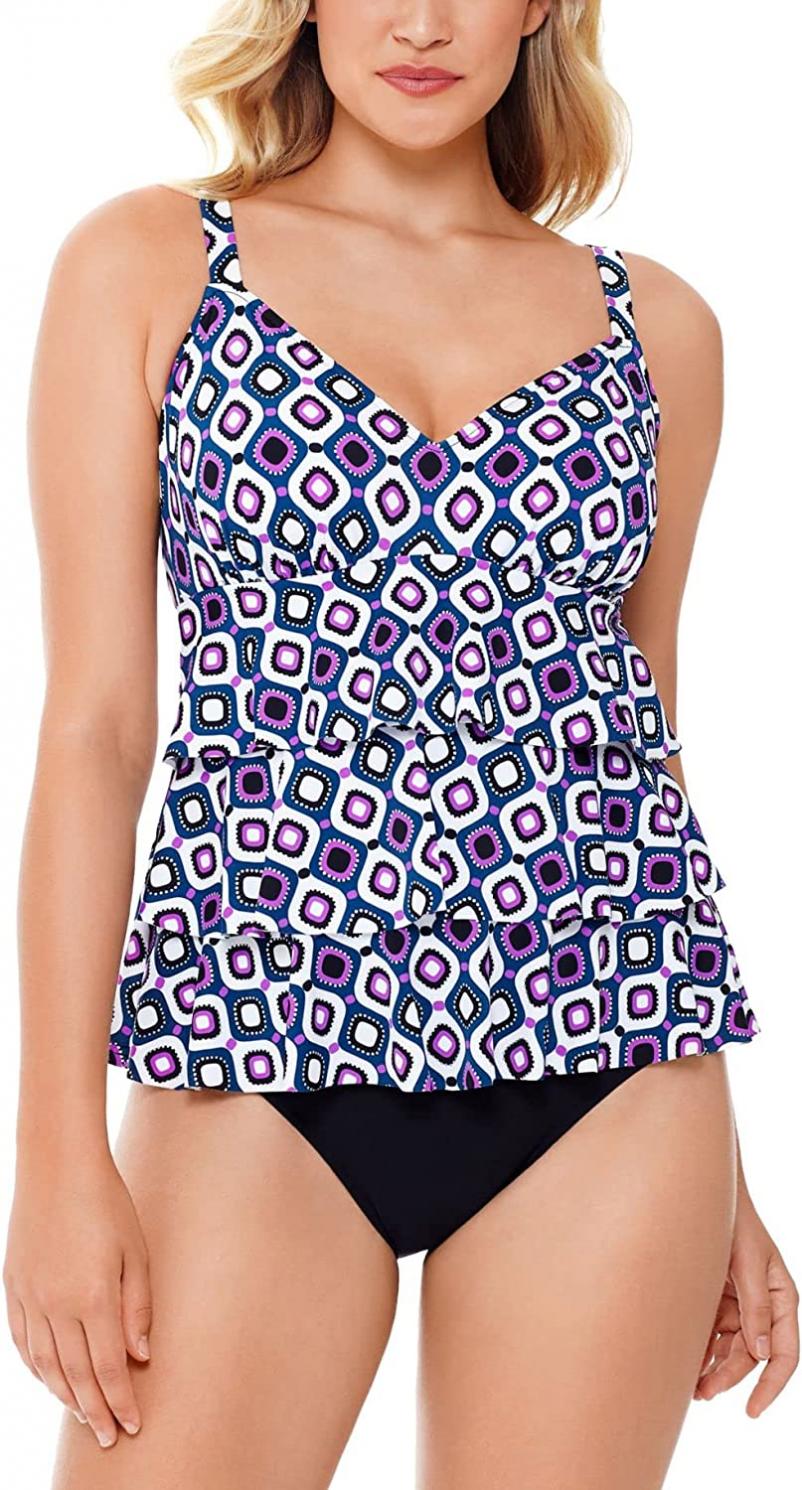 Swim Solutions Women's Jewels Printed Tiered Tummy Control One-Piece Swimsuit
