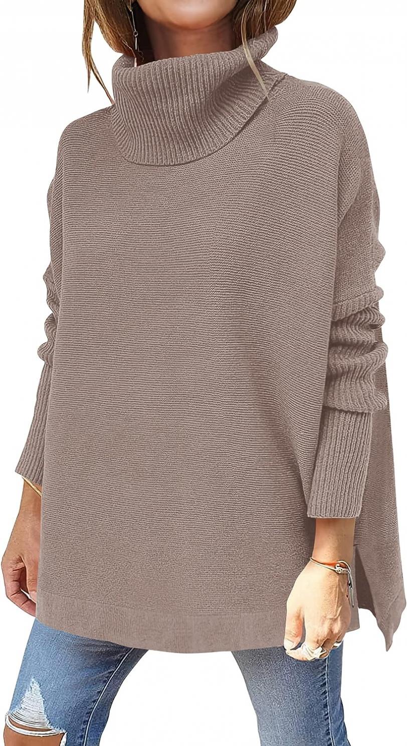 ANRABESS Women's Turtleneck Oversized 2023 Long Batwing Sleeve Spilt Hem Knit Tunic Pullover Sweater Tops