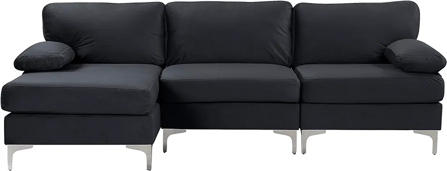 Casa Andrea Milano Modern L-Shape Velvet Fabric Sectional Sofa Extra Wide Chaise, Couch for Living Room Apartment Lounge, Large, Black