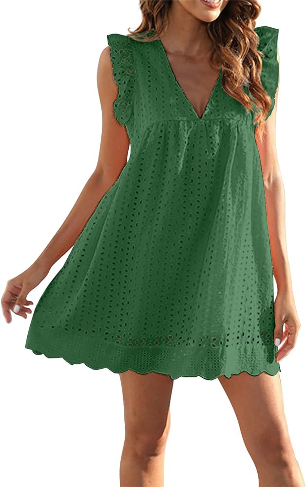 Formal Dresses for Women 2024 Casual Sleeveless V Neck Ruffle Beach Vacation Sundresses Plus Size Cute Flowy Mini Dress