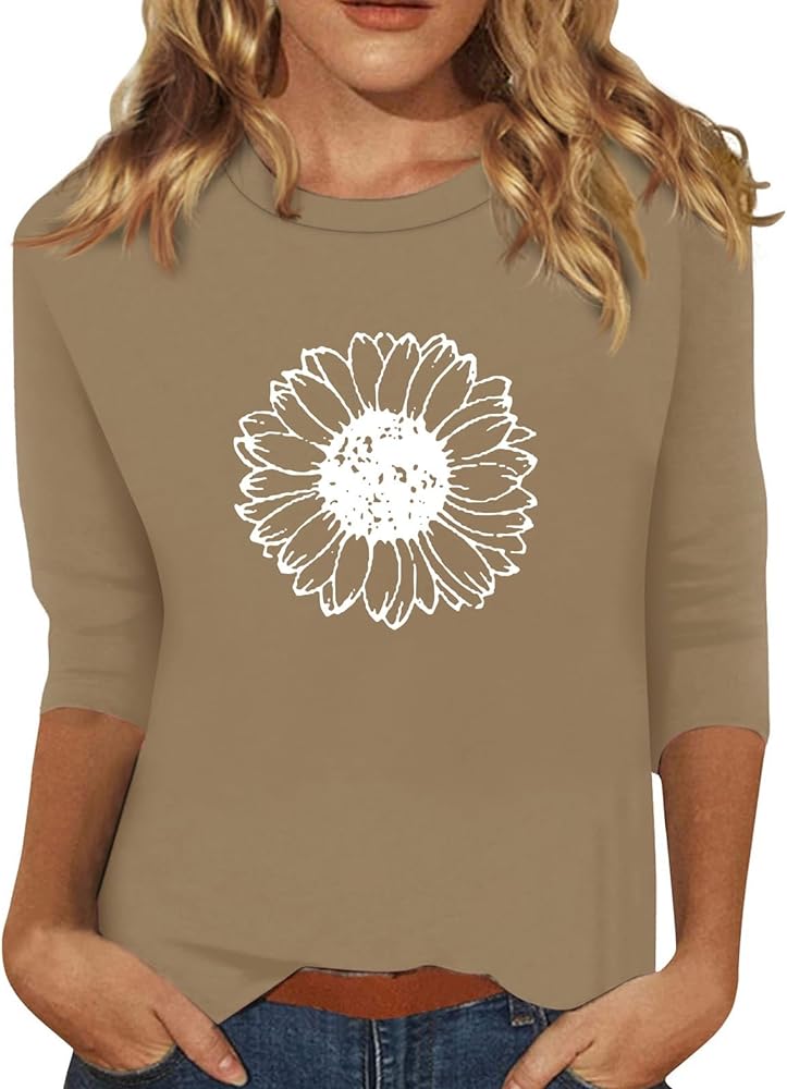 Womens Tops 3/4 Sleeve Crewneck Cute Shirts 2024 Casual Print Trendy Tops Length T Shirt Summer Pullover