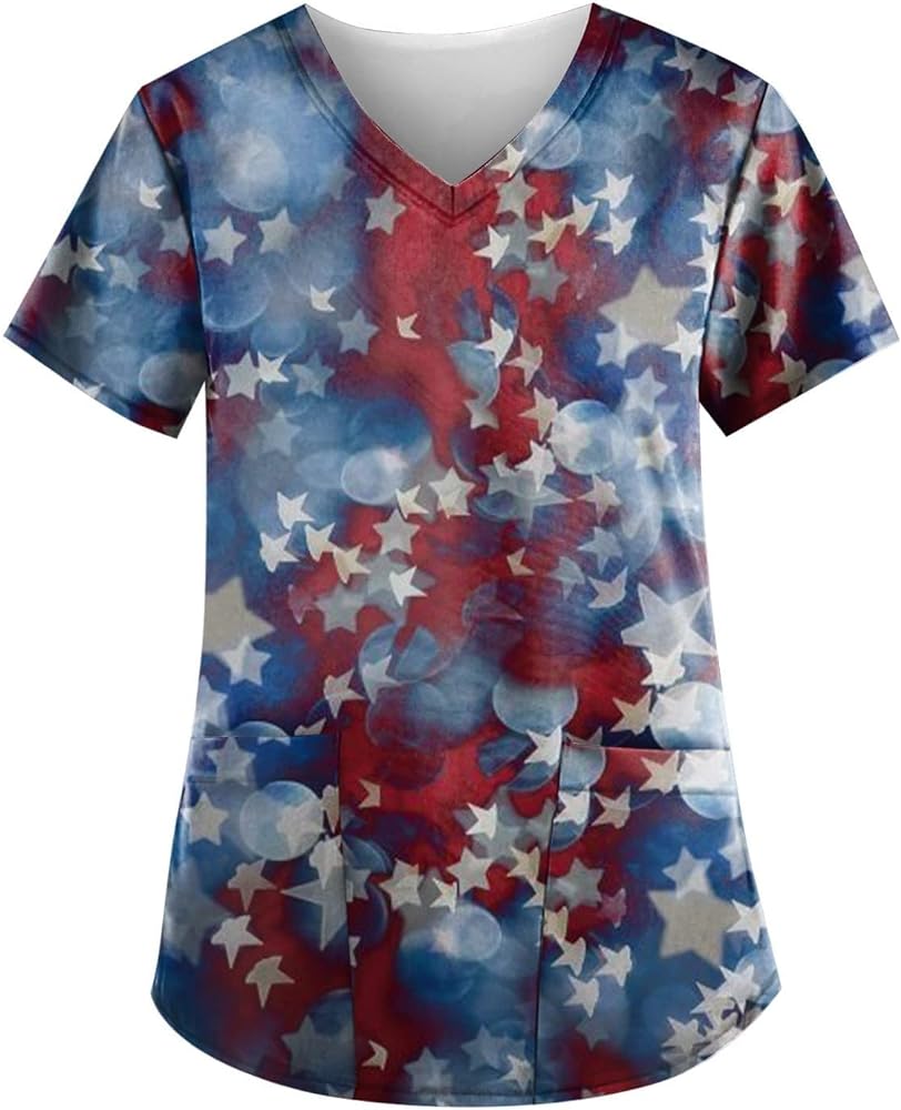DASAYO Women's American Flag Scrub Top Shirt 4th of July Patriotic Nurse Uniform Loose Stars Stripes Nursing Working Clothes
