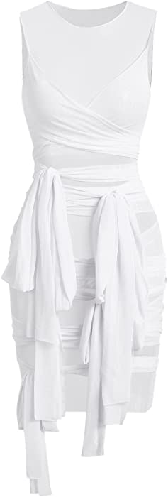 ZAFUL Women's Sleeveless Solid Bandage Sheer Mesh Wrap-tie Slinky Mini Dress