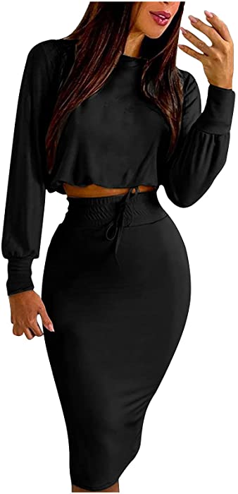 Fall Dresses for Women 2021 Sexy 2 Piece Outfits Crop Top and Skirt Long Sleeve Bodycon Midi Club Wedding Guest Dress