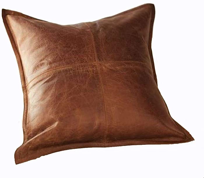 LL Leather Lovers 100% Lambskin Leather Pillow Cover - Sofa Cushion Case - Decorative Throw Covers for Living Room & Bedroom, 18x18 Inches - Antique Brown Pack of 1