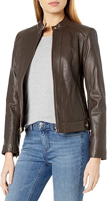 Cole Haan Women's Leather Racer Jacket with Quilted Panels