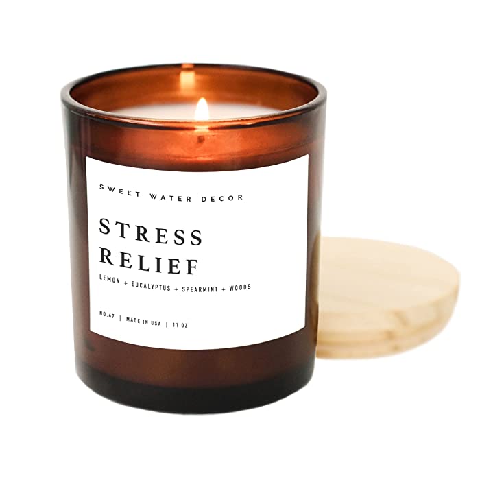 Sweet Water Decor Stress Relief Candle | Eucalyptus, Spearmint, Citrus, Sage, Relaxing Scented Soy Candles for Home | 11oz Amber Jar Candle with Wood Lid, 60 Hour Burn Time, Made in the USA