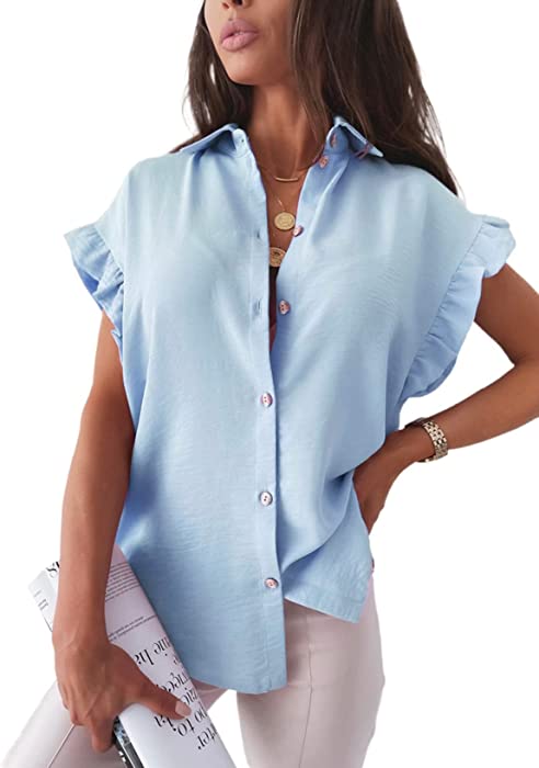 FARYSAYS Women's Casual Button Down Ruffle Short Sleeve V Neck Shirts Loose Blouses Tops