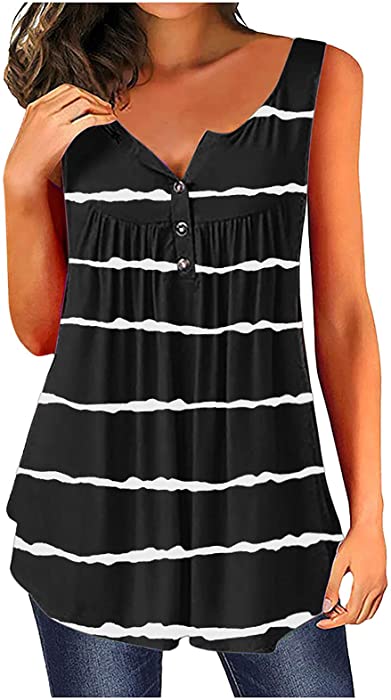 Women's Casual Pleated Tank Tops to Wear with Leggings Dressy Button Up Sleeveless Shirts Henley Blouses Summer Top