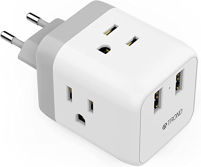 European to US Travel Plug Adapter, TROND International Electrical Power Adapter, with 2 USB Plug & 3 American Outlet, US to Europe Cube Charger Adaptor for EU Germany France Spain, ETL Listed, Travel