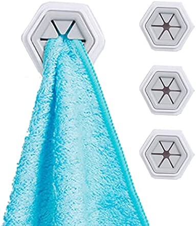 Towel Hangers Holders, Non Perforated Towel Storage,Hook Clip Dishcloth Stopper Kitchen Rag Plug Hexagon Rack Wall Mounted for Cabinet Door/Smooth Surface,Collision Avoidance, 3-Pack